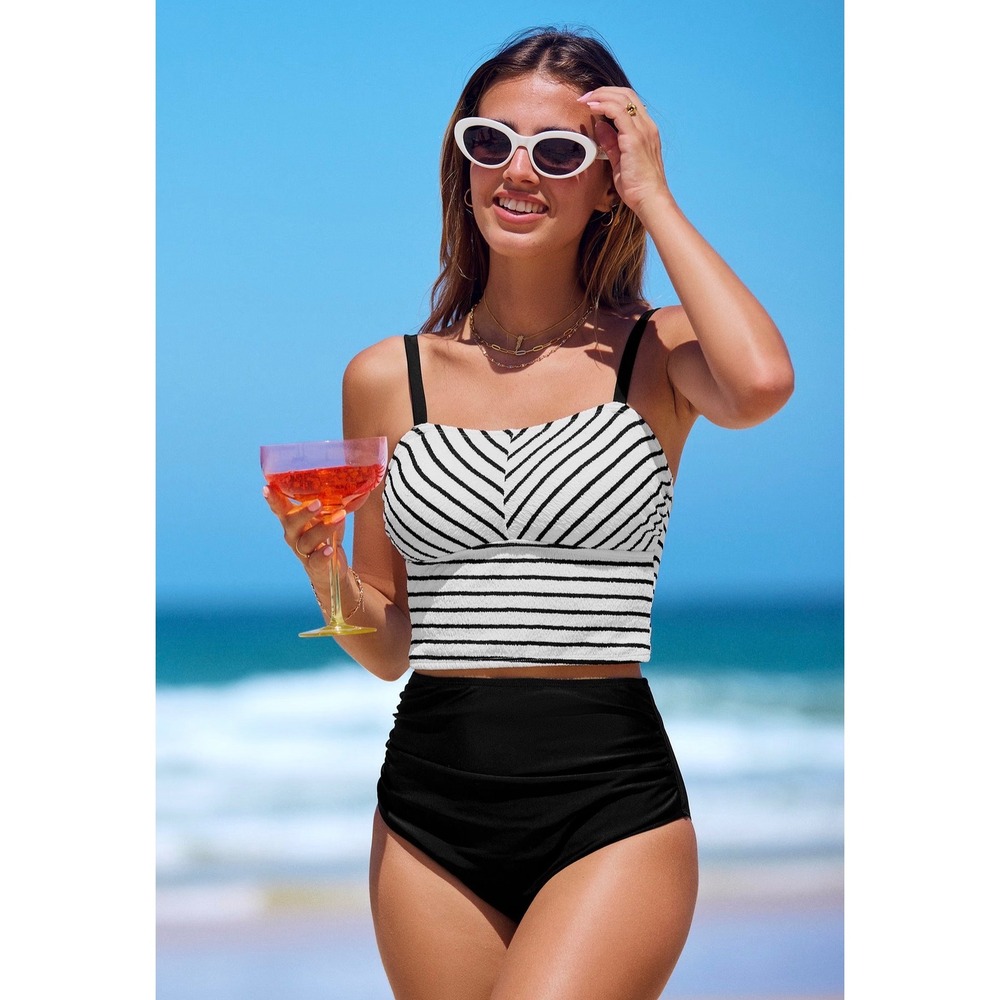Cupshe Womens Medium Striped Tankini Set High Waisted Ruched Bikini Black White